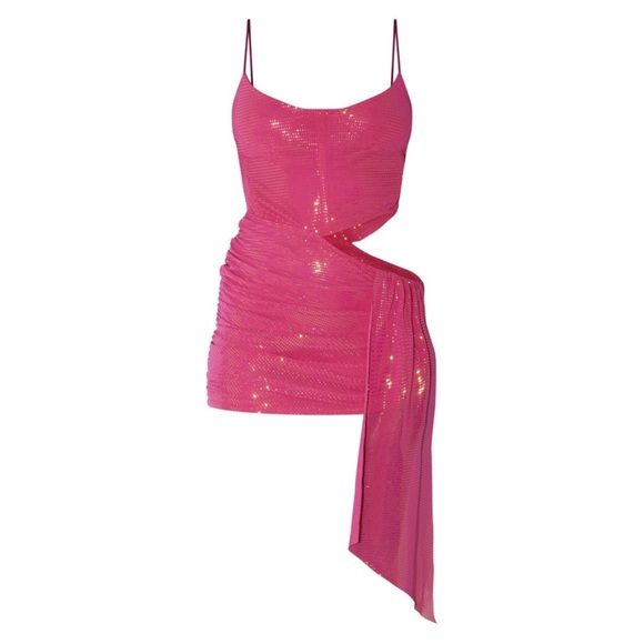 PrettyLittleThing Pink Glitter Corset Cut Out Drape Detail Bodycon Dress NWT 10 - Picture 4 of 13